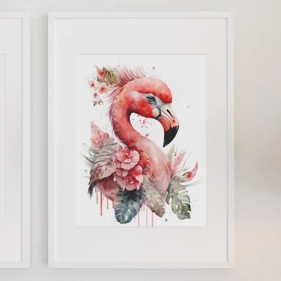 Watercolor Floral Flamingo Portrait Wall Art Illustration Print Poster Unframed - Picture 3 of 6